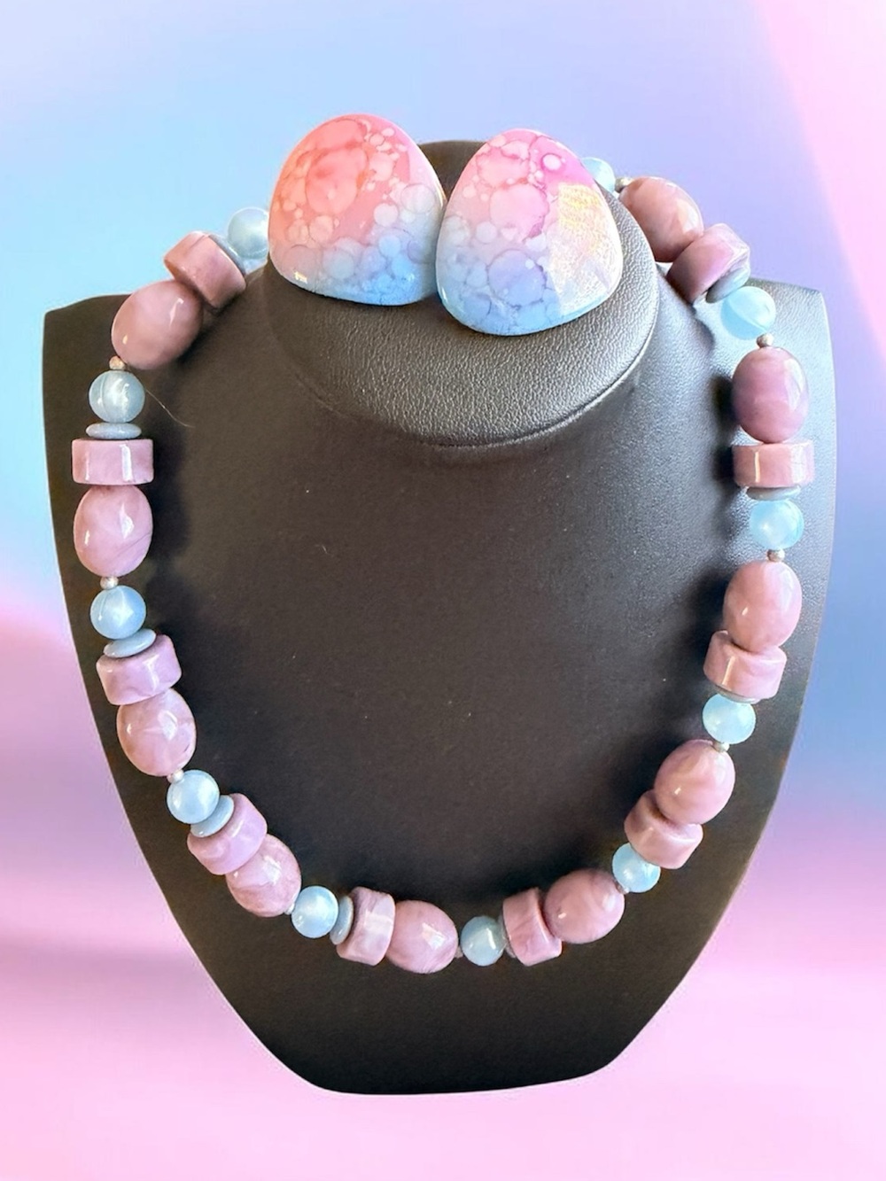 Monet Pink and Light Blue Beaded Necklace with Matching Earrings no brand